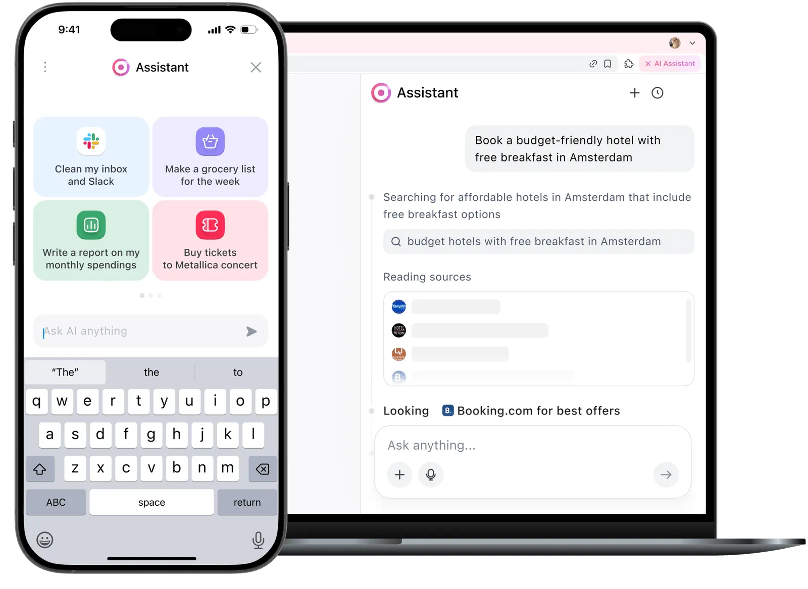 Atlas Browser AI Assistant showing task automation across mobile and desktop - booking hotels, managing emails, and automating workflows